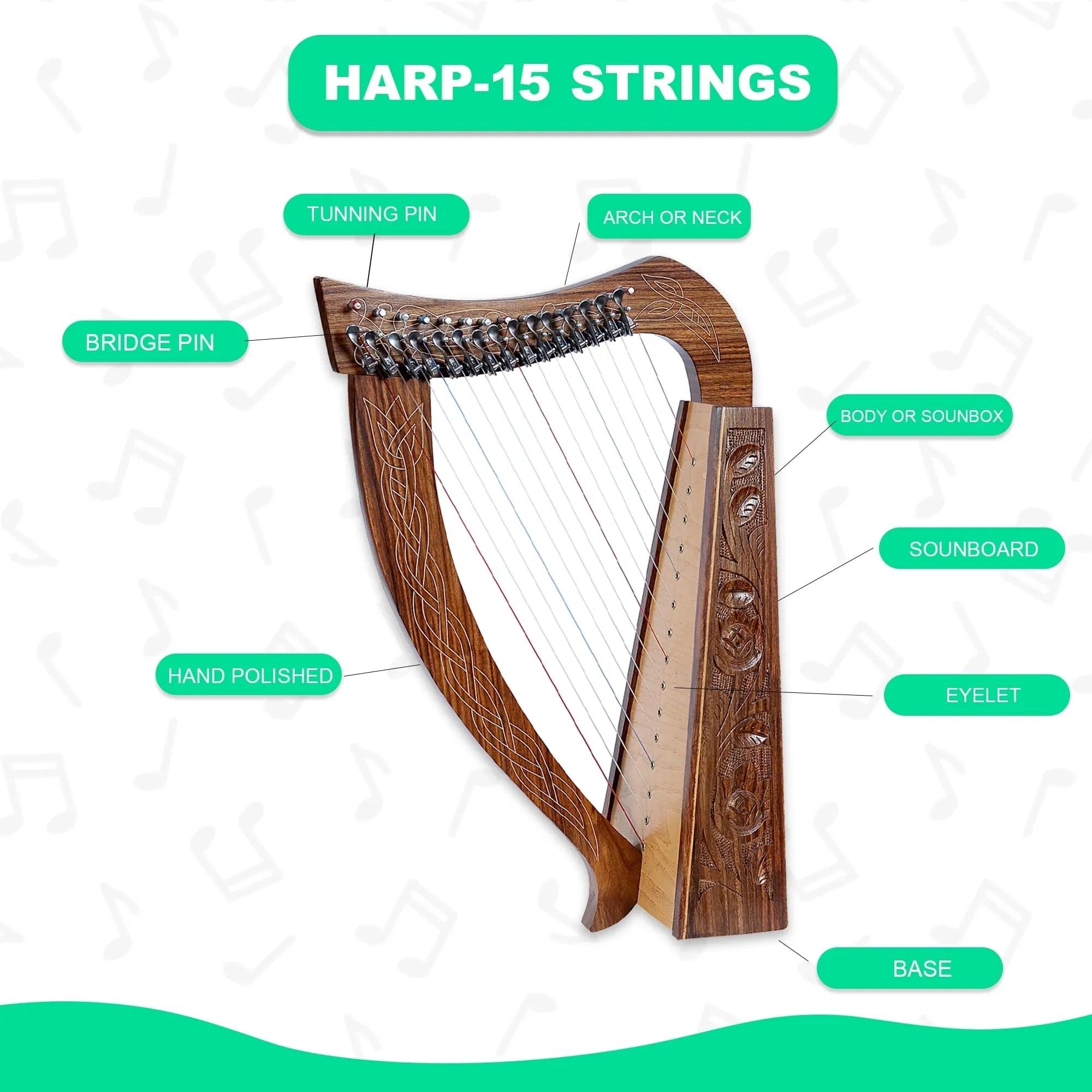 15 String Mahogany Harp – 22" Professional Beginner Harp - Echo Harps