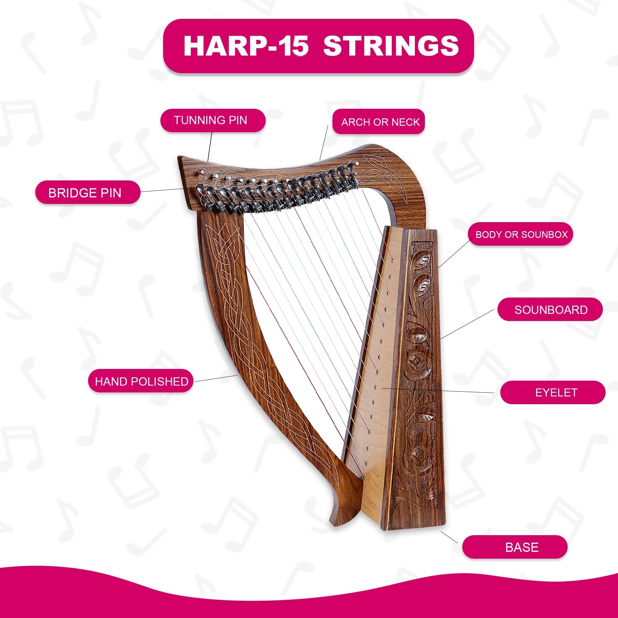 HARP, ROYAL HARPS 15 STRINGS MAHOGANY HARP 22 INCH HEIGHT FOR ADULT PROFESSIONAL BEGINNER WITH FREE TUNING WRENCH,BLACK GIG BAG, ( INTERNATIONAL STANDARD STRINGS) - Echo Harps