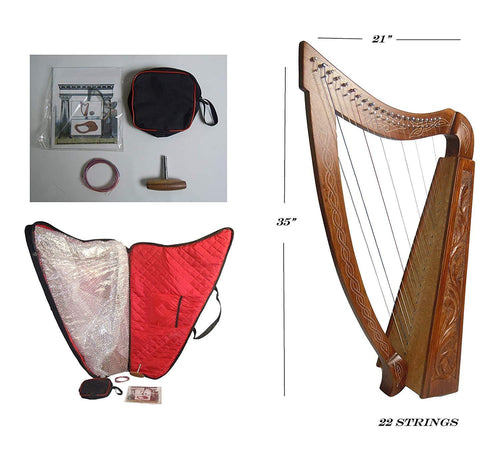 22 String Lever Harp – Celtic Irish with Hand - Carved Design - Echo Harps